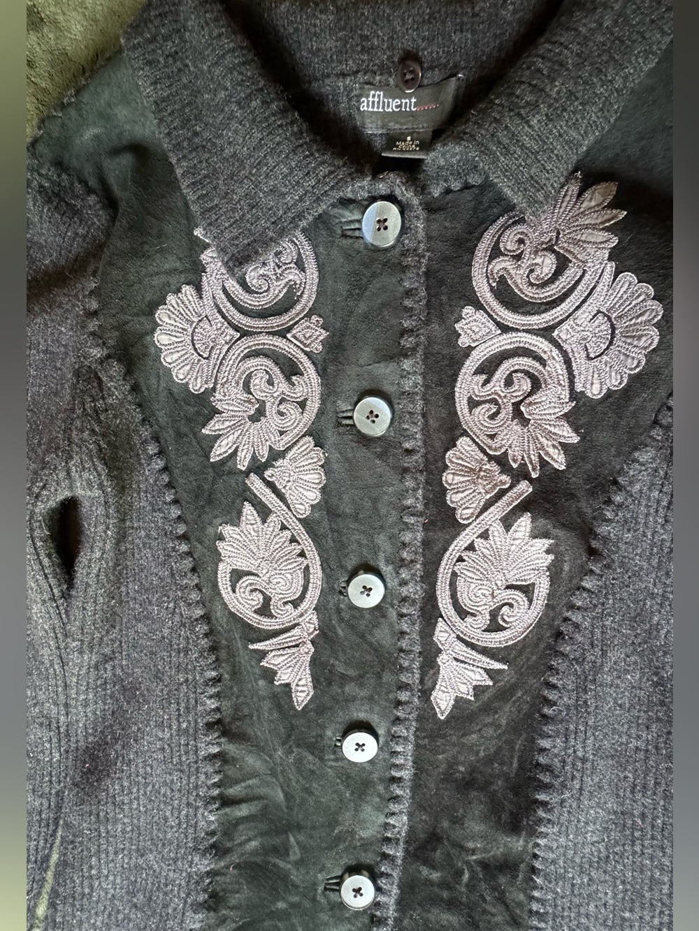 Affluent Sweater Size Small Leather and Wool Vintage Ornate Appliqués - Picture 2 of 5